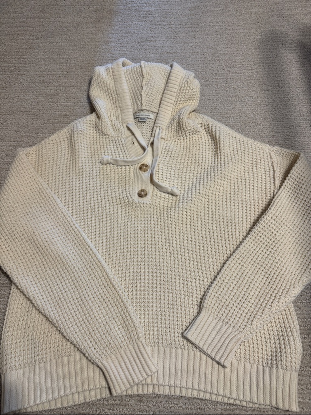 American Eagle Outfitters Cream Hooded Button-Placket Knit Sweater
